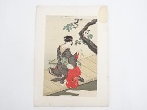 栄里　「金魚鉢を持つ女」　木版画